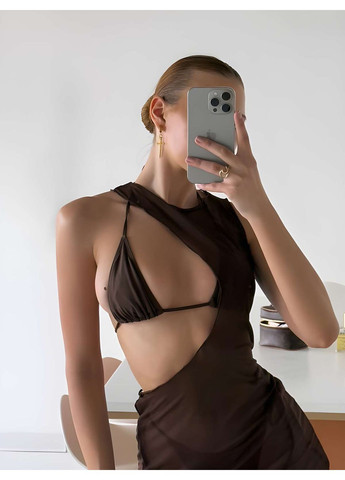 Коричневий літній жіночий літній пляжний комплект роздільний купальник і сукня-парео туніка коричневий шокол... роздільний No Brand