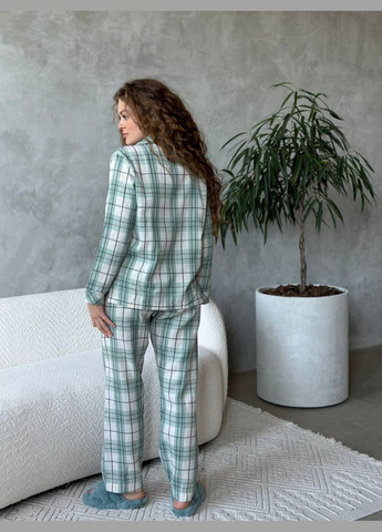 Светло-зеленая всесезон уютная мягкая пижама в клеточку рубашка + брюки No Brand