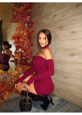 Бордовое мини-платье с чокером крепдайвинг No Brand