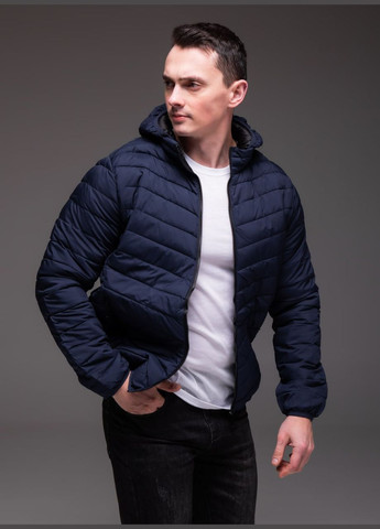 Темно-синяя демисезонная утепленная стеганная куртка съемный капюшон Vakko