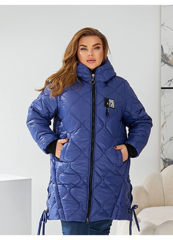 Синя зимня куртка-пальто плащівка лаке на синтепоні 250,стьобана з глибоким капюшоном та кишенями Україна