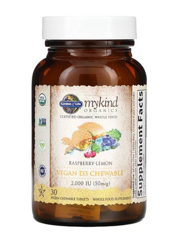 MyKind Organics Chewable Vegan D3 2000 IU 30 Chewable Tabs Raspberry Lemon Garden of Life (292556199)