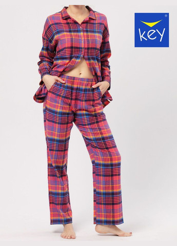 Розовая зимняя женская теплая фланелевая пижама рубашка + брюки Key