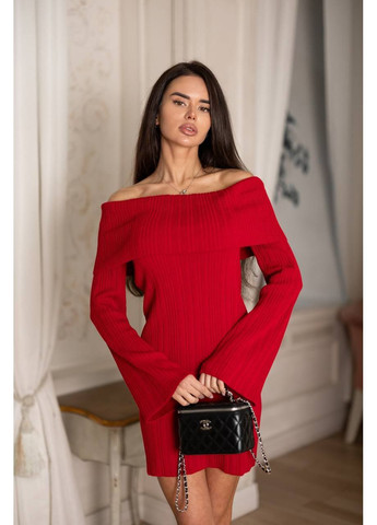 Червона повсякденний жіноча в'язана сукня з відкритими плечима з відкритими плечима KaraMix однотонна
