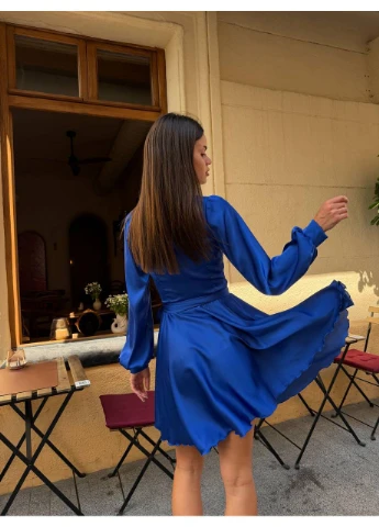 Синя сукня шовкова міні на запах синього кольору 38796 на запах Fashion однотонна