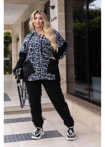 Женский черный костюм батал тринитка на флисе штаны кофта на змейке леопард серые вставки большой размер спортивный Bonita Спортивний костюм (365718363)
