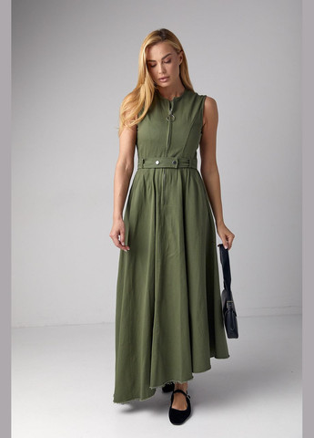 Оливкова (хакі) сукня максі з блискавкою та асиметричним подолом Lurex