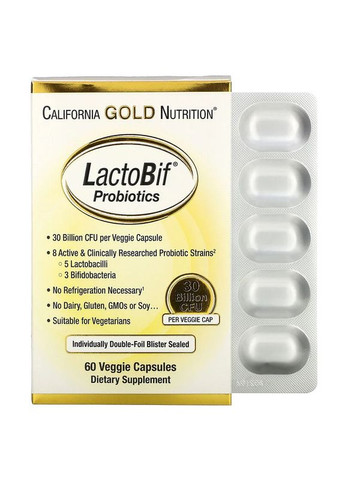Пробіотики 30 млрд LactoBif для підтримки кишківної мікрофлори 60 рослинних капсул California Gold Nutrition (263516175)