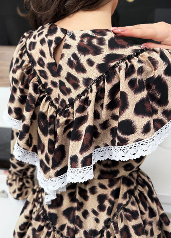 Бежева повсякденний, святковий сукня міні з довгим рукавом ліхтарик під пояс Tik-Tak леопардовий