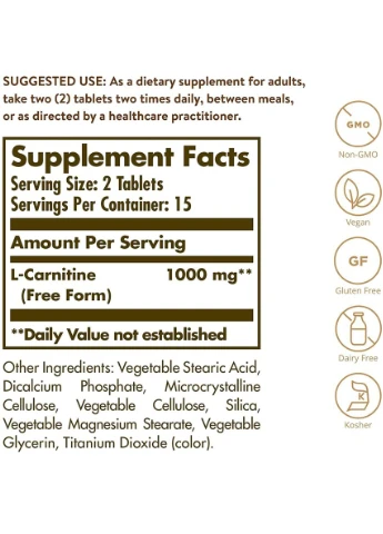 L-Карнітин, 500 мг, L-Carnitine,, 30 таблеток Solgar (369741481)