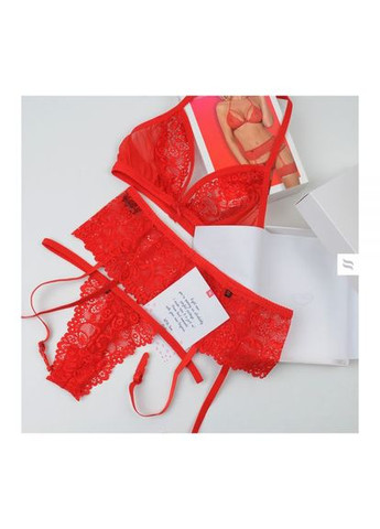 Красный демисезонный комплект белья из красного кружевного гипюра из 3-х предметов adore 838, размер Obsessive