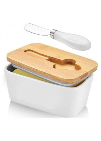 Масленка керамическая с ножом 650мл белая для масла и масла с бамбуковой крышкой ProDobro (365440833)