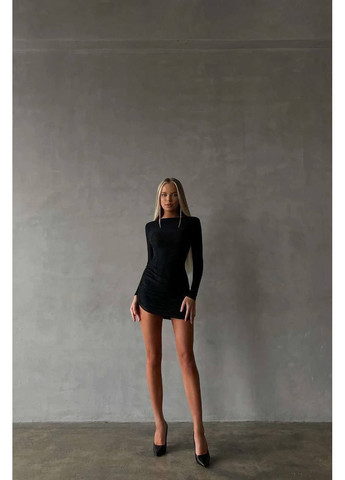 Черное праздничный женское платье мини с люрексом и драпировкой. MonCher