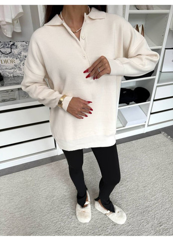 Молочний демісезонний подовжений оверсайз светр із коміром поло (заміри в описі) DK/DL Мода без кордонів