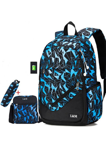Рюкзак черный с синими треугольниками с пеналом и сумкой в комплекте L&L (269254856)