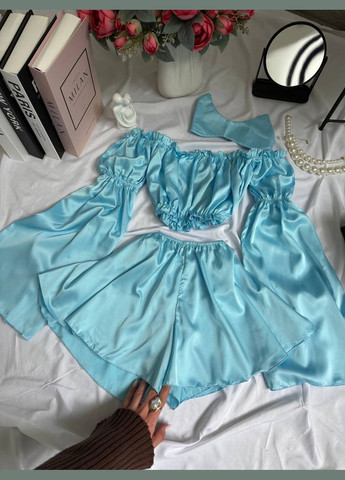 Блакитна всесезон жіноча шовкова піжама 3 в 1 топ + шорти Avanti