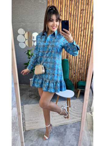 Голубое стильное платье с эффектной съемной баской Vakko в клетку