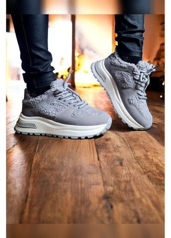 Жіночі зимові кросівки сірі теплі з хутром тедді на шнурівці з білою підошвою Viki Кросівки сірі (368770281)