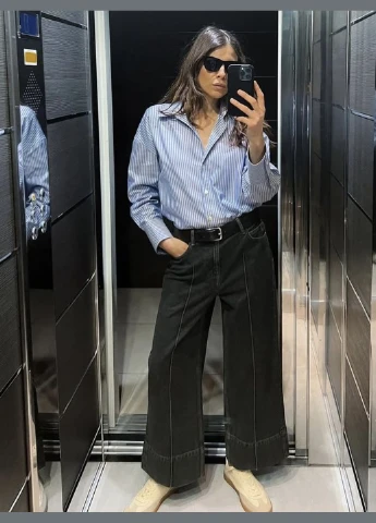 Джинси wide leg cropped чорно-сірі укорочені широкі прямі Zara - (312550485)