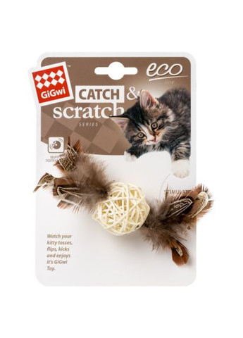 Іграшка для котів Catch&scratch Плетений м'ячик з дзвіночком і пір'ям 13 см (75047) GiGwi Catchscratch Плетений м&apos;ячик з дзвіночком і пір&apos;ям (370016084)