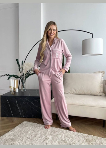 Пудровая всесезон пижама рубашка + брюки No Brand