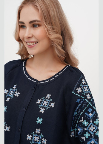 Синяя женская вышиванка из льна на пуговицах с ромбами и звездами вильха. синий, р.56, код 9451/56/999 ГАЛЕРЕЯ ЛЬОНУ