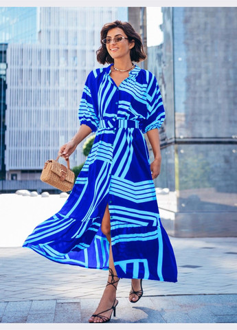 Синее кэжуал длинное платье синего цвета с принтом Dressa с геометрическим узором