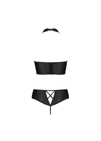 Чорний демісезонний комплект з еко-шкіри nancy bikini black, бра та трусики з імітацією шнурівки - cherrylove Passion