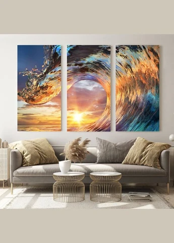 Модульна картина з трьох частин Хвиля на заході сонця 128x81 см (M3_L_1) Art Studio Shop (379846865)
