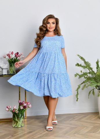 Голубое повседневный платье с нижней макси-оборкой No Brand с цветочным принтом