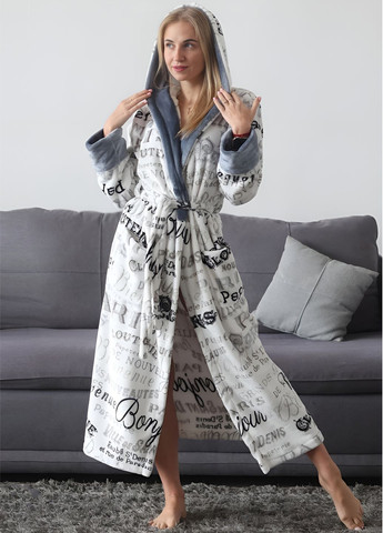 Стильный женский длинный плюшевый халат с капюшоном и парижским принтом 42/48 Exclusive (323213125)