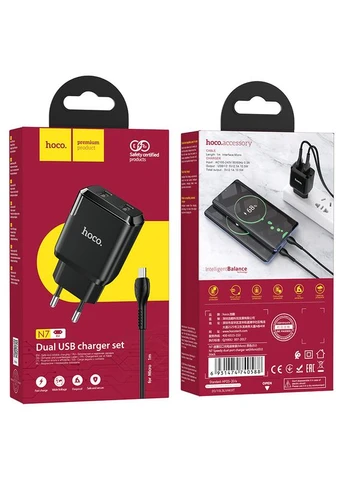 Зарядний пристрій для телефону Android + кабель MicroUSB N7 |2USB 2.1A| Чорний Hoco (337351833)