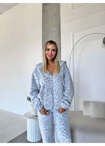 Світло-сіра зимня жіночий тепла махрова піжама, домашній костюм махра, кофта з капюшоном і штани леопард Україна