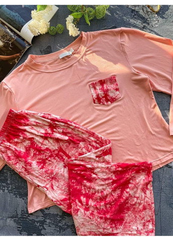 Персикова жіноча піжама великих розмірів лонгслів + рожевий тай-дай / жіноча піжама плюс сайз пастельний верх і яскраві штани No Brand