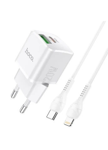 Мережевий зарядний пристрій з швидкою зарядкою + кабель Lightning N20 |1USB/1Type-C, 20W, 3A, QC| Білий Hoco (337351992)