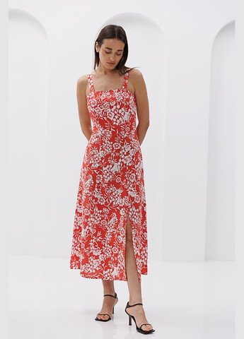 Коралловое женское летнее платье миди с цветочными узорами и разрезом Arjen