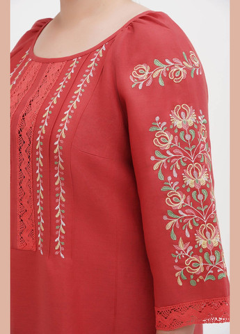 Красное платье-вышиванка из льна с деревом жизни и кружевом верба, большие размеры plus size. серый, р.68, код 0355/68/394 ГАЛЕРЕЯ ЛЬОНУ