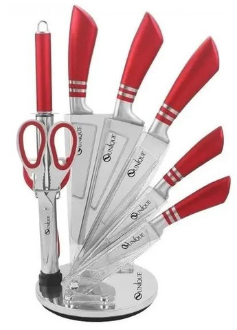 Набір кухонних ножів на 9 предметів з ножицями та овочечисткою червоний (2075750404) Unique UN-1832 червоний, пластик, нержавіюча сталь