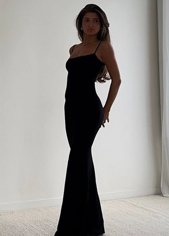 Черное повседневный изысканное легкое летнее приталенное макси платье в рубчик на регулируемых бретельках силуэтная Tik-Tak однотонное