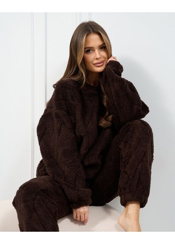 Темно-коричневая зимняя махровая пижама на эластичных манжетах свитшот + брюки ISSA PLUS