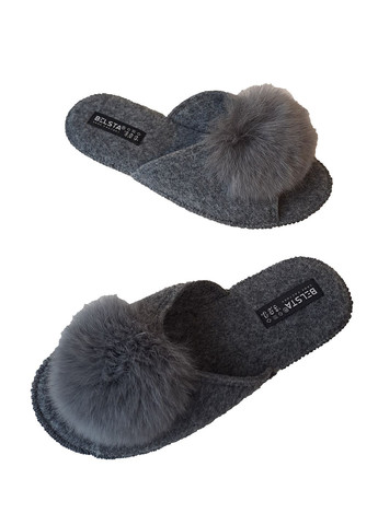 Серые тапочки бесшумные открытые паркетные Белста с помпонами