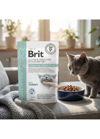 Упаковка вологого корму Brit VetDiet з індичкою для дорослих котів усіх порід які схильні до утворення струвітних та оксалатних Brit VetDiets (402620009)