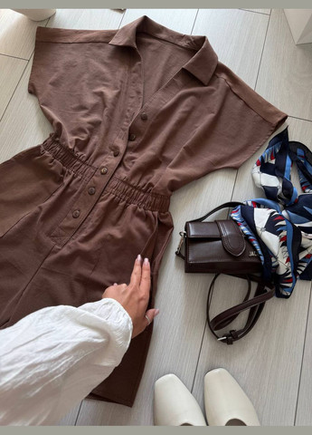 Комбинезон No Brand комбинезон-шорты однотонный коричневый повседневный, кэжуал лен