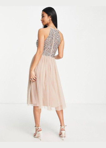 Бежевое коктейльное, вечернее, праздничный платье миди с отделкой пайетками вечерняя maya клеш Asos