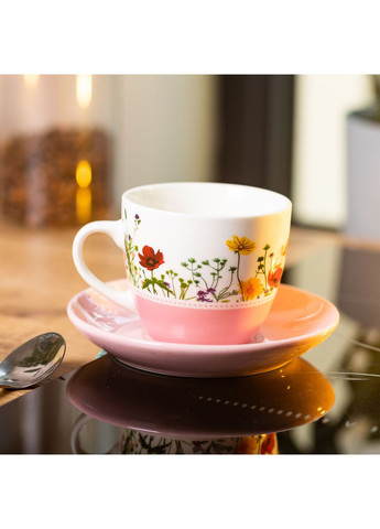 Керамічна чашка з блюдцем 250 (мл) для чаю та кави Рожева Liling Rongxiang Ceramic (360454834)