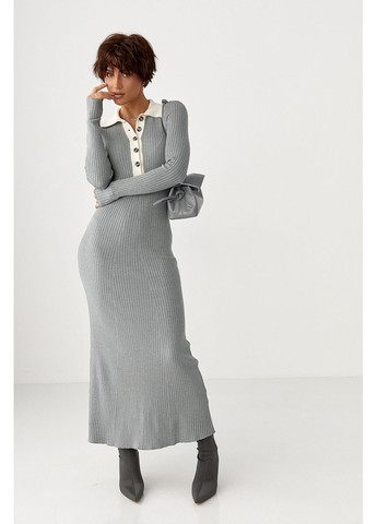 Серое вечернее длинное трикотажное платье-поло в рубчик Lurex