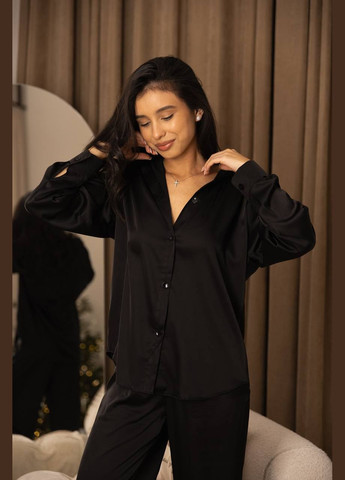 Жіночий шовковий елегантний брючний костюм у піжамному стилі сорочка і штани палаццо чорний No Brand (316232135)