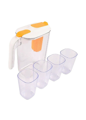 Комплект посуду пластиковий глечик з фільтром 4 склянками стійкий до різних температур (477114-Prob) Прозорий з помаранчевим Unbranded (294654857)