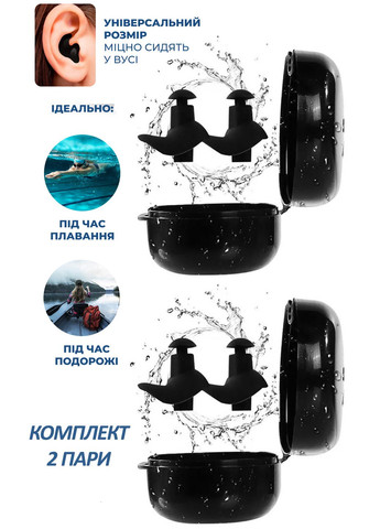 Беруши Детские Комплект 2 пары 32дБ Многоразовые затычки в уши Беруши для плавания, сна, работы, путешествия, дайвинга Черные VelaSport (275995229)