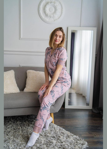 Пудровая всесезон комплект для дома и сна, невероятная женская пижама штаны и футболка на пуговицах. 0422248 футболка + брюки Miss Victoria